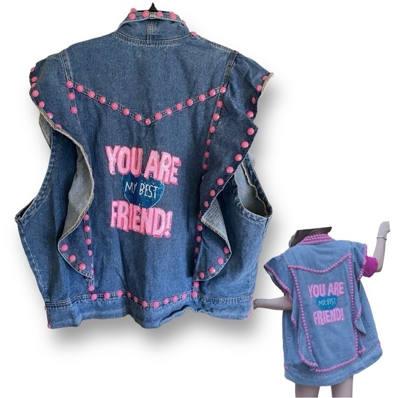 Lisette Embellished Ruffle Denim Vest Oversized Urban Streetwear NWT Y2K - Picture 12 of 13